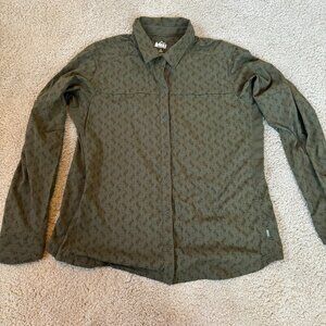 REI Co-Op Olive Green Print Vented LS Paneled Sides Button Front Shirt Women's L